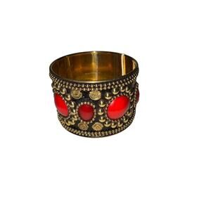 Iris Apfel & Bajalia Gold Cuff Bracelet Red Cabochons Tribal Coin Detailing